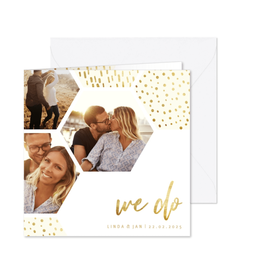 Einladungskarte Hochzeit mit einer Fotocollage im Goldlook - Karteneindruck