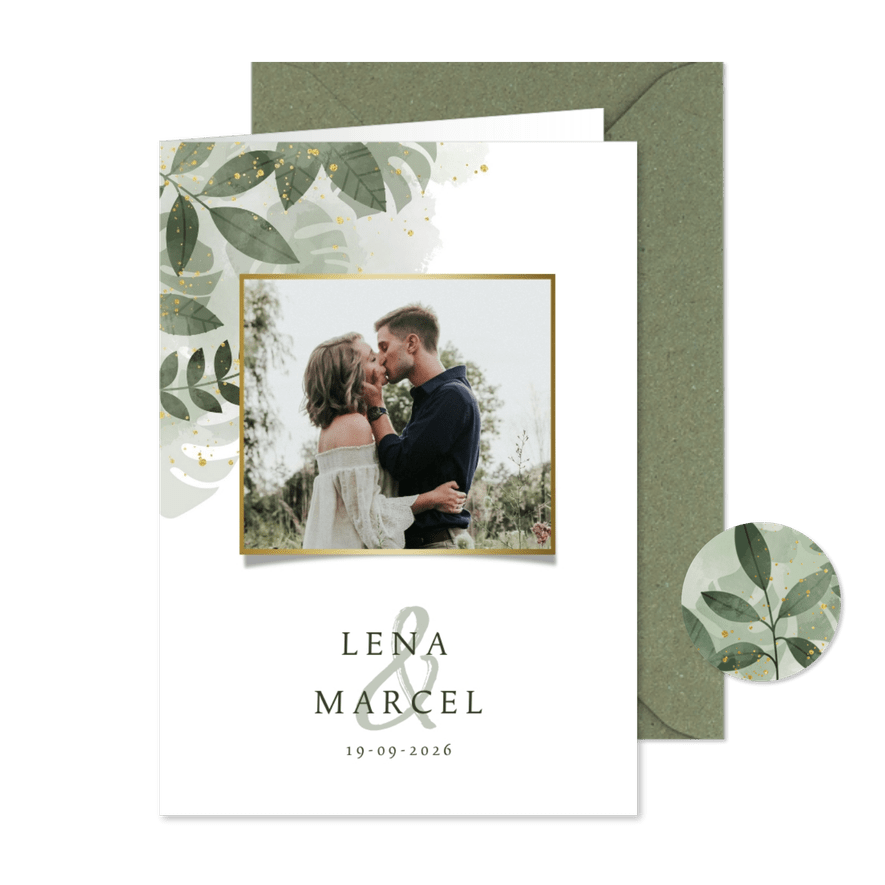 Einladungskarte Hochzeit mit Foto botanisch mit Wasserfarbe - Kartenvorschau
