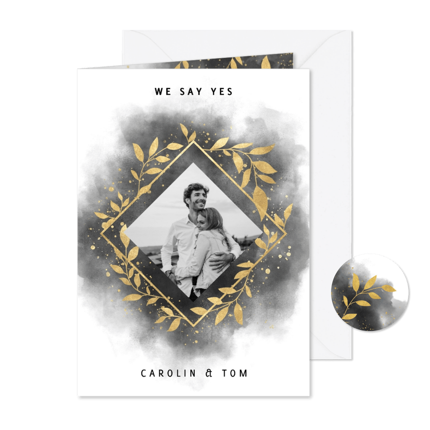 Einladungskarte Hochzeit mit Foto, Wasserfarben und Zweigen - Karteneindruck
