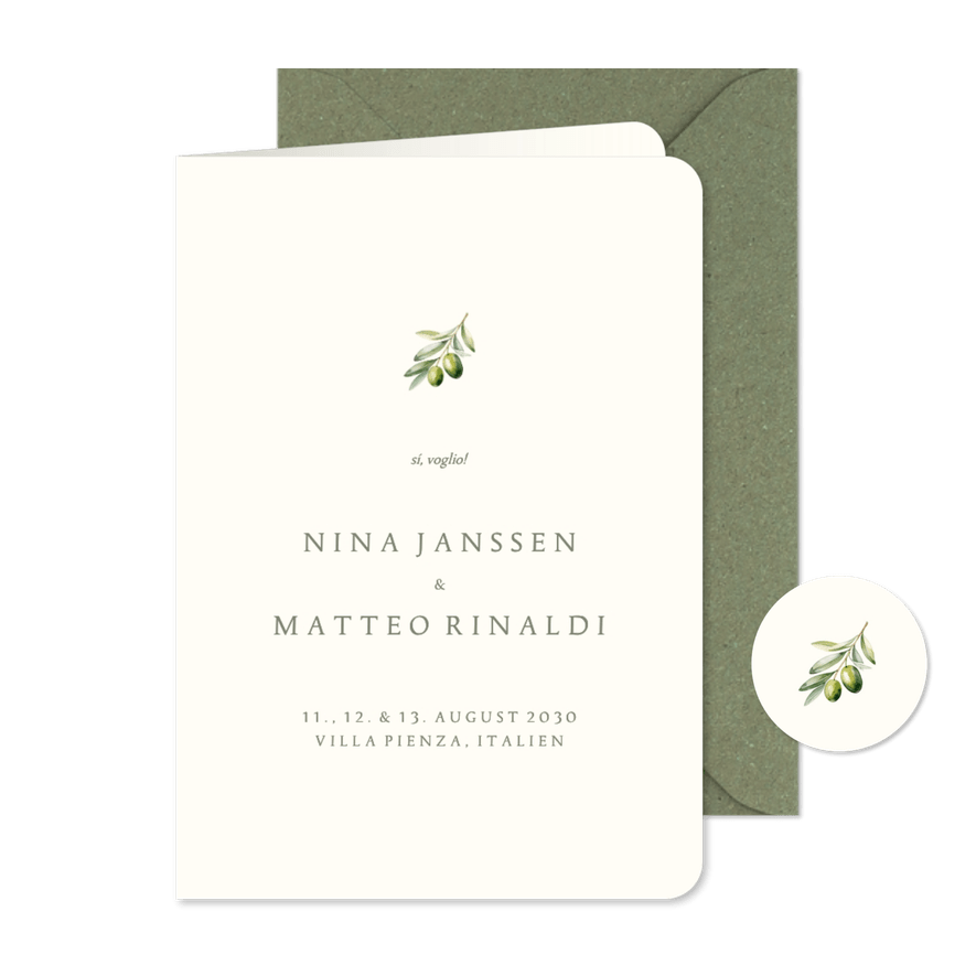 Einladungskarte Hochzeit Olivenzweig schlicht - Karteneindruck