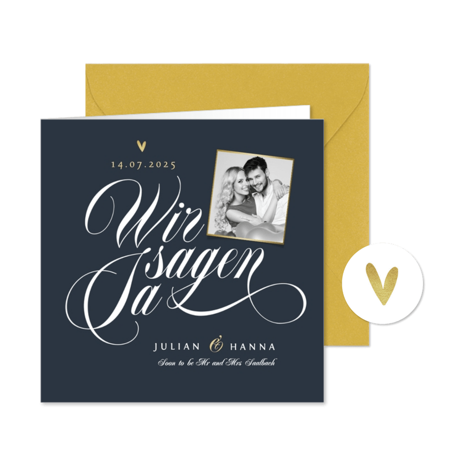 Einladungskarte Hochzeit Schreibschrift und Foto - Karteneindruck