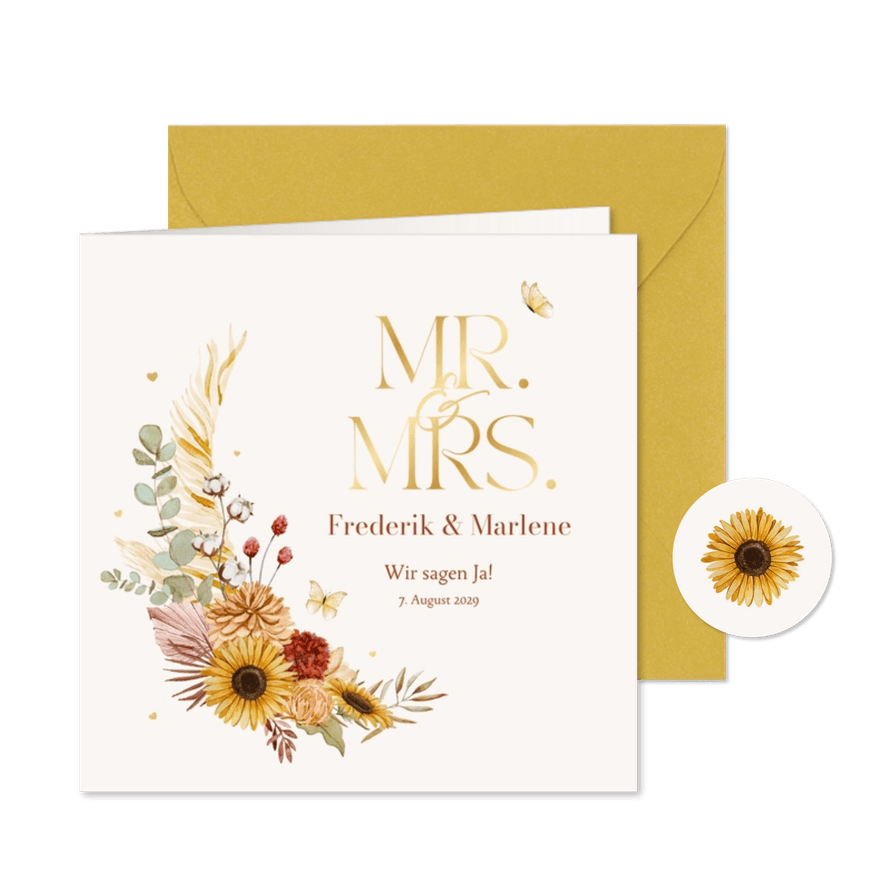 Einladungskarte Hochzeit Sommerblumen & Gold - Karteneindruck