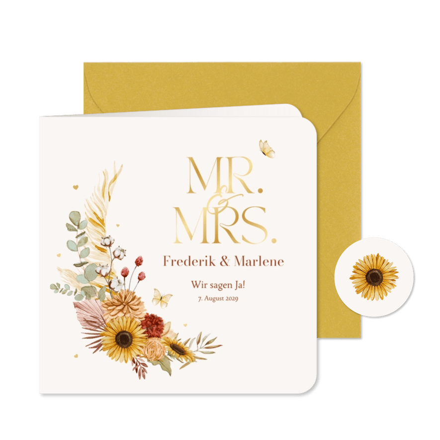 Einladungskarte Hochzeit Sommerblumen & Gold - Karteneindruck
