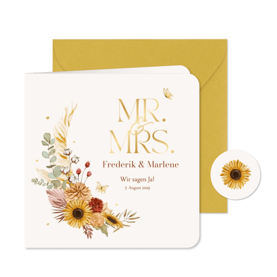 Einladungskarte Hochzeit Sommerblumen & Gold - Karteneindruck