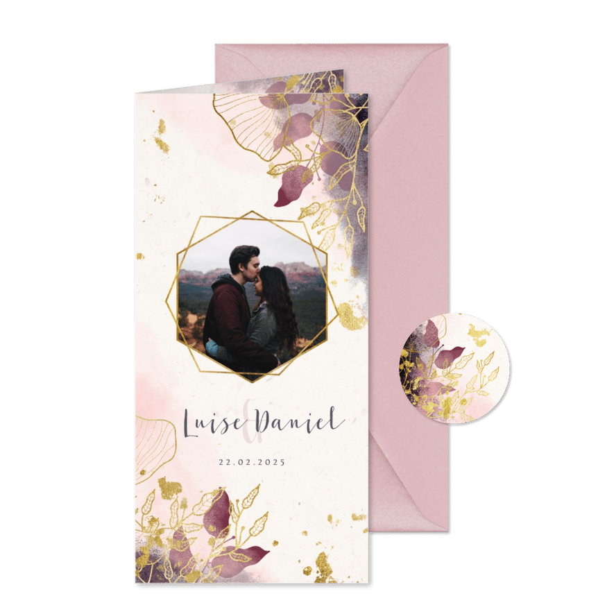 Einladungskarte Hochzeit stilvolle Blumen und Foto - Karteneindruck