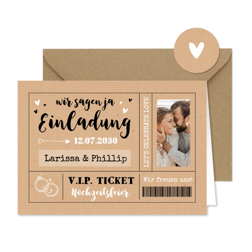 Einladungskarte Hochzeit Ticket Kraftpapier mit Foto - Karteneindruck