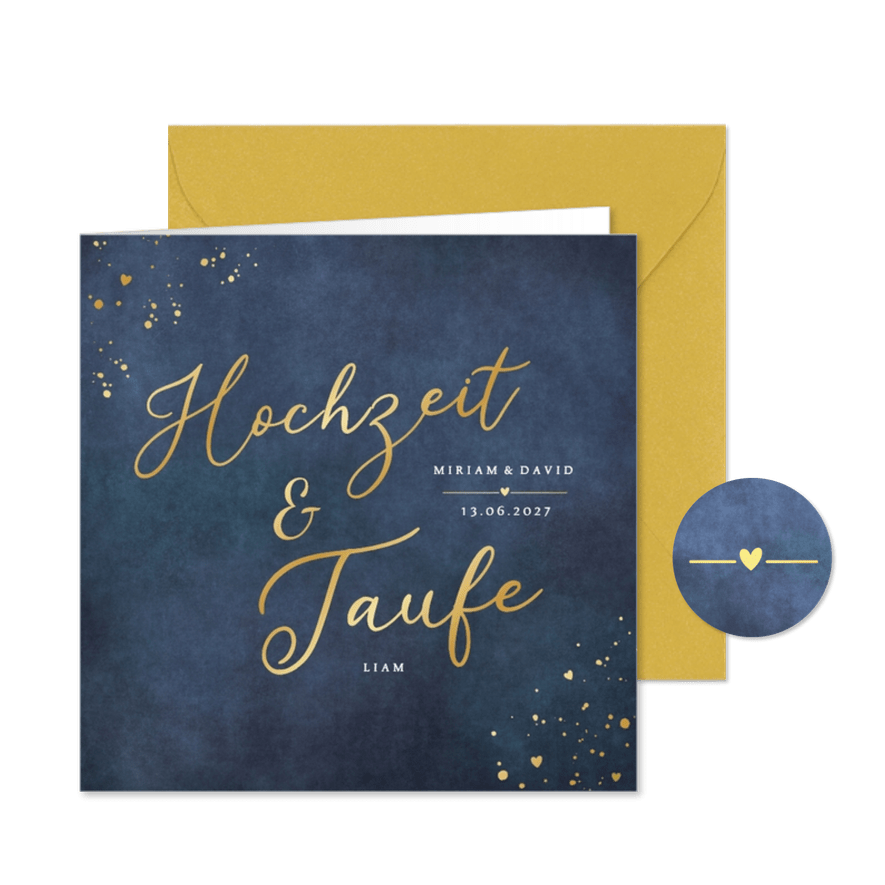 Einladungskarte Hochzeit & Taufe Blau mit Gold - Karteneindruck