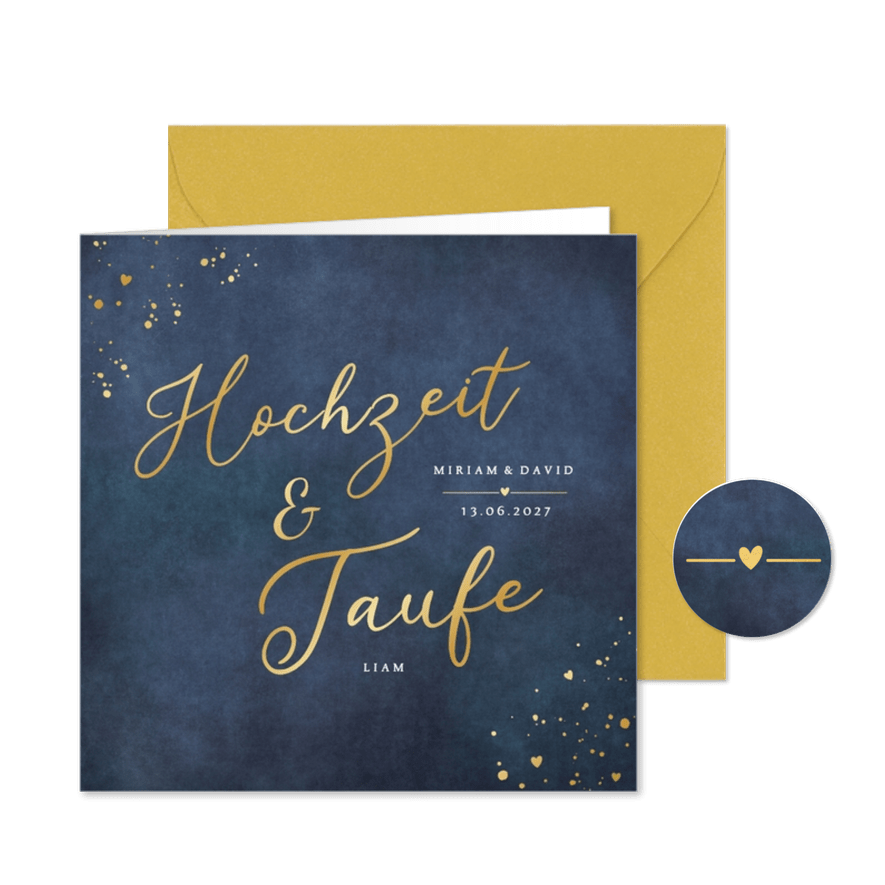 Einladungskarte Hochzeit & Taufe Blau mit Gold - Karteneindruck