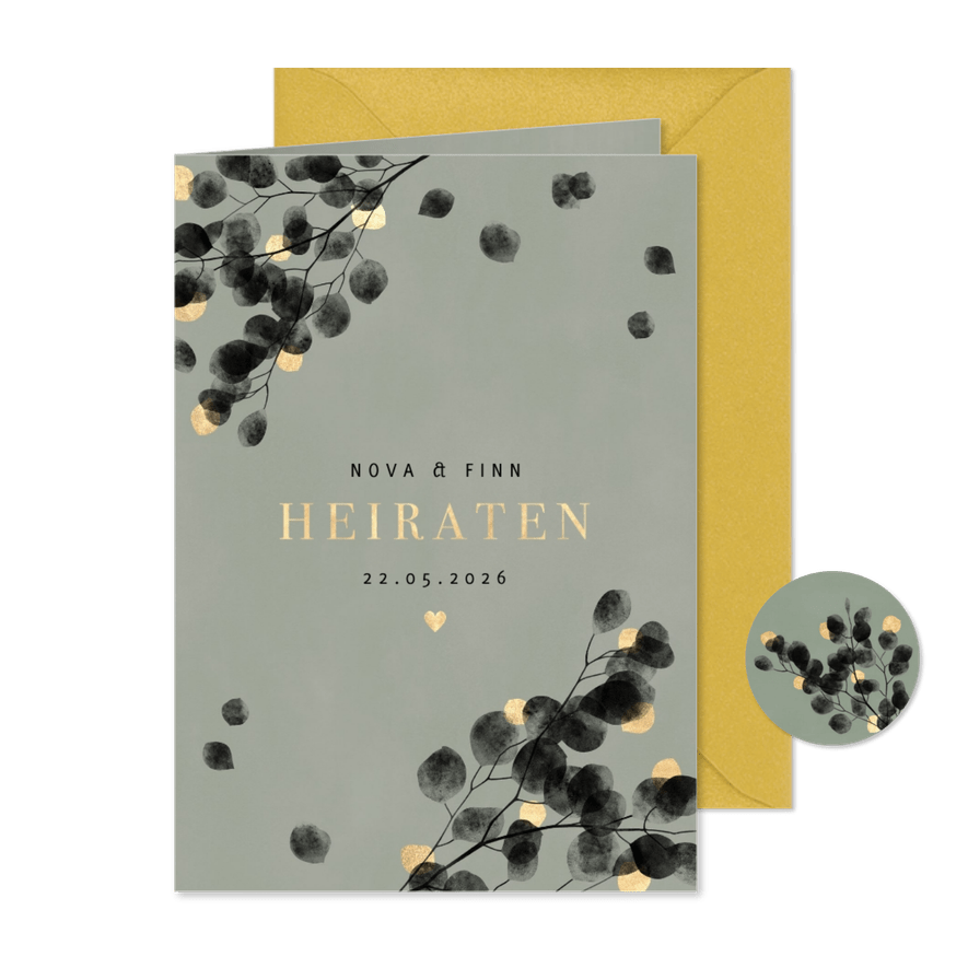 Einladungskarte Hochzeitsfeier Eukalyptus schwarz - Karteneindruck
