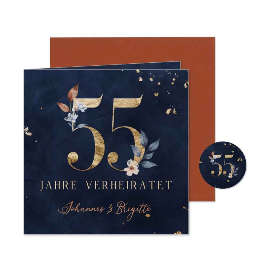 Einladungskarte Hochzeitsjubiläum 55 Jahre Aquarell Blumen - Karteneindruck

