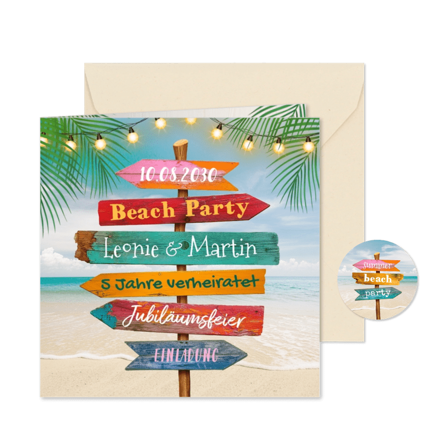 Einladungskarte Hochzeitsjubiläum Beach-Party Wegweiser - Karteneindruck