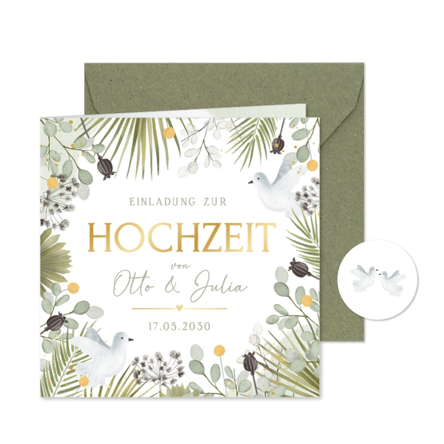 Einladungskarte Hochzeitstauben Pflanzen Greenery  - Karteneindruck
