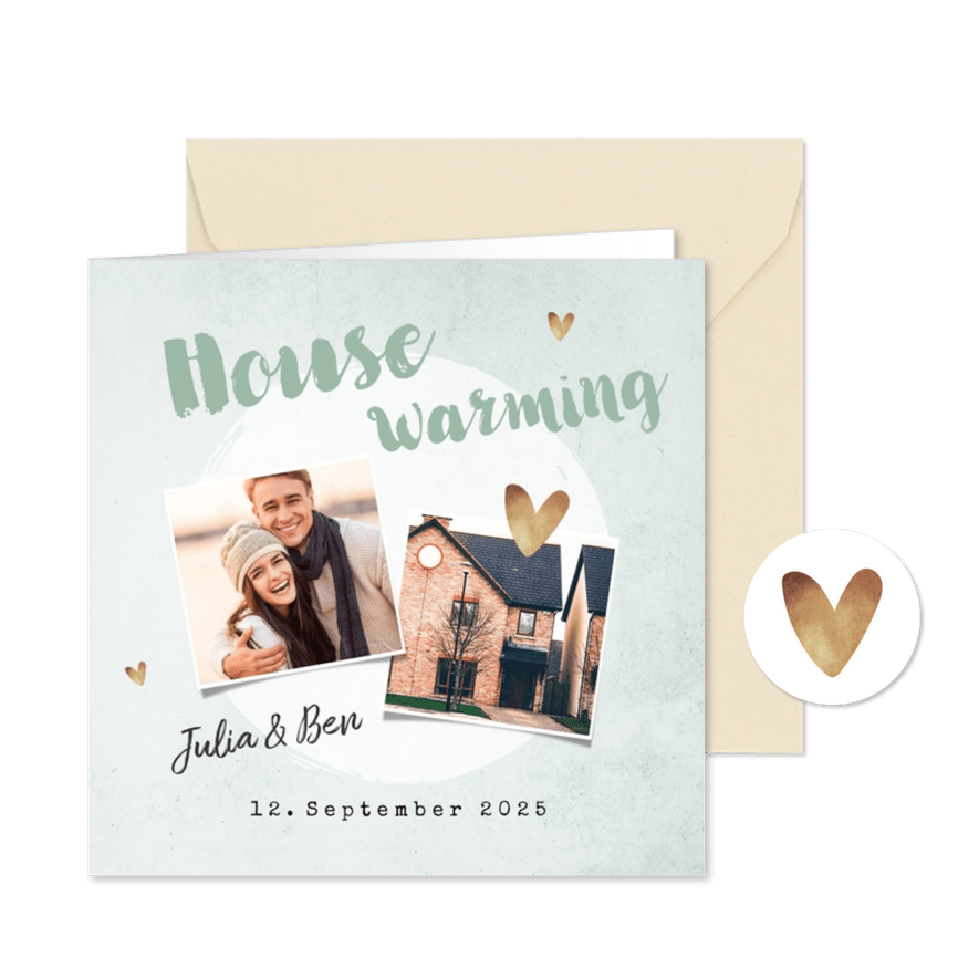 Einladungskarte Housewarming mit Fotos und Herzen - Karteneindruck