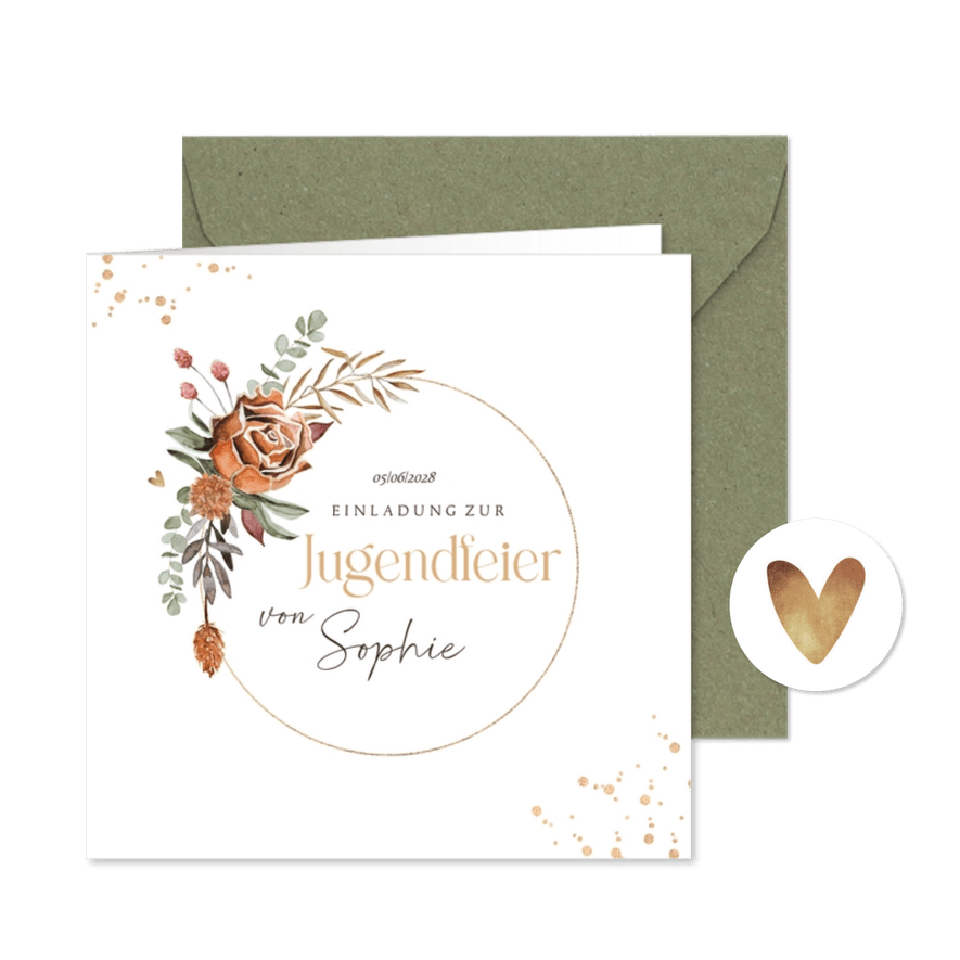 Einladungskarte Jugendfeier Blumenonrament - Karteneindruck
