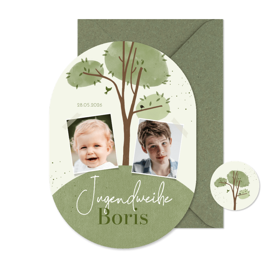 Einladungskarte Jugendweihe Baum Oval Fotocollage  - Karteneindruck
