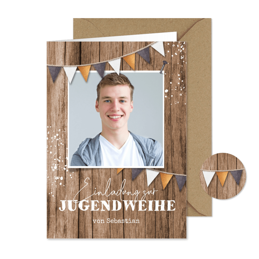 Einladungskarte Jugendweihe Foto auf Holz - Kartenvorschau