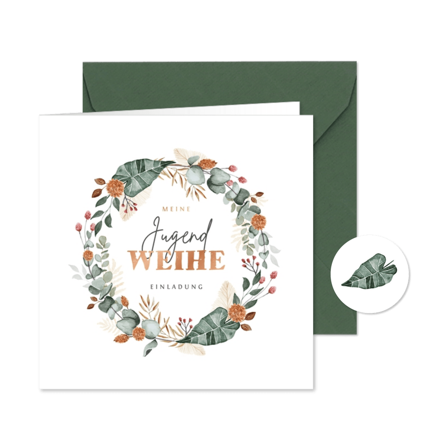 Einladungskarte Jugendweihe Kranz aus Blumen und Blättern - Karteneindruck
