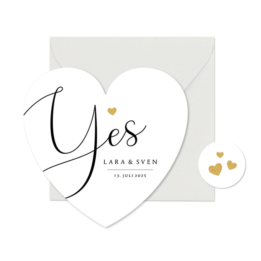 Einladungskarte Kalligrafie 'Yes' schwarz weiß Herzform - Karteneindruck