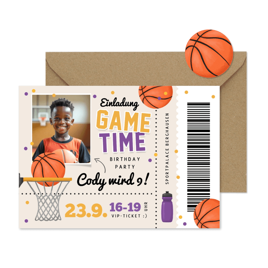 Einladungskarte Kindergeburtstag Basketball - Karteneindruck
