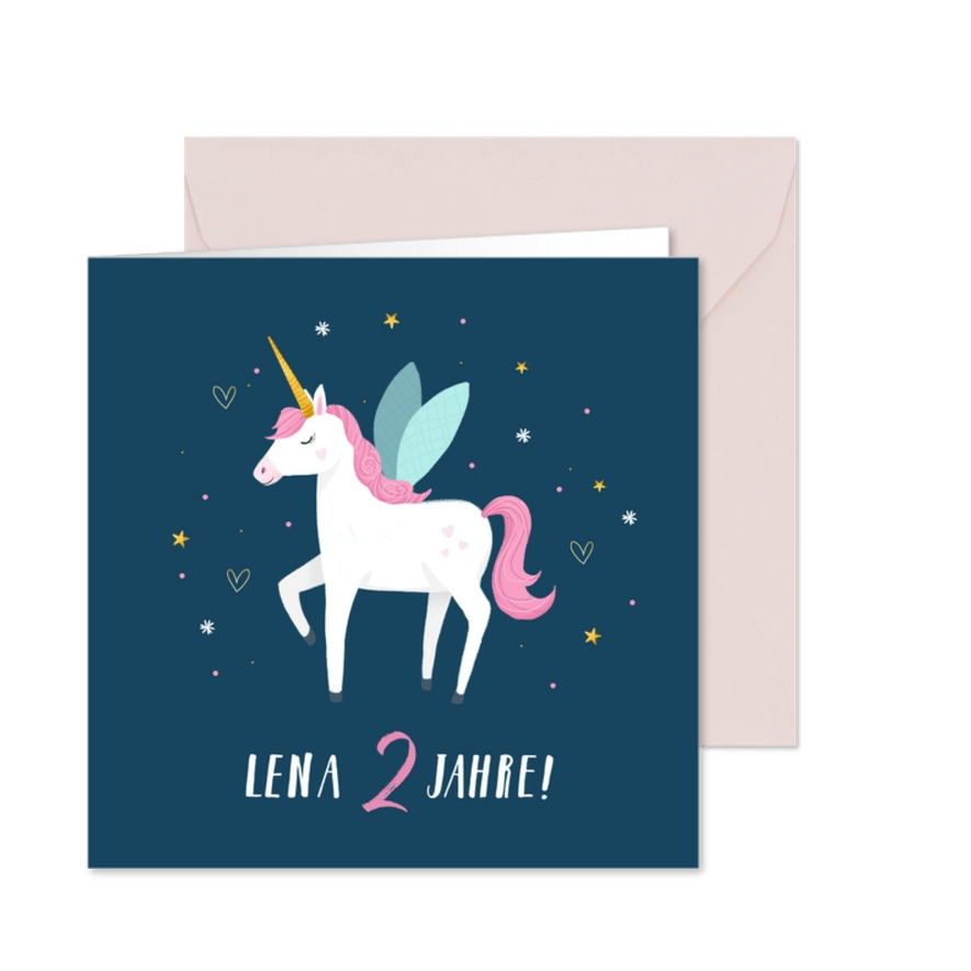 Einladungskarte Kindergeburtstag Einhorn, Herzen und Sterne - Karteneindruck
