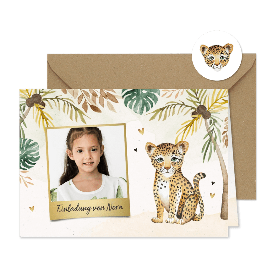 Einladungskarte Kindergeburtstag Foto & Leopard - Kartenvorschau