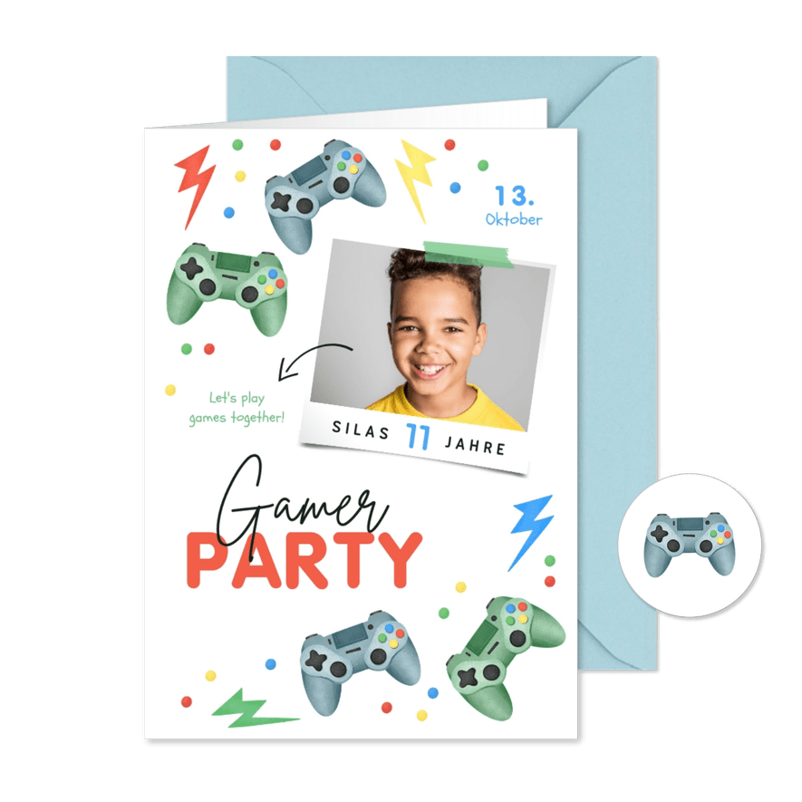 Einladungskarte Kindergeburtstag Gamer Party - Karteneindruck