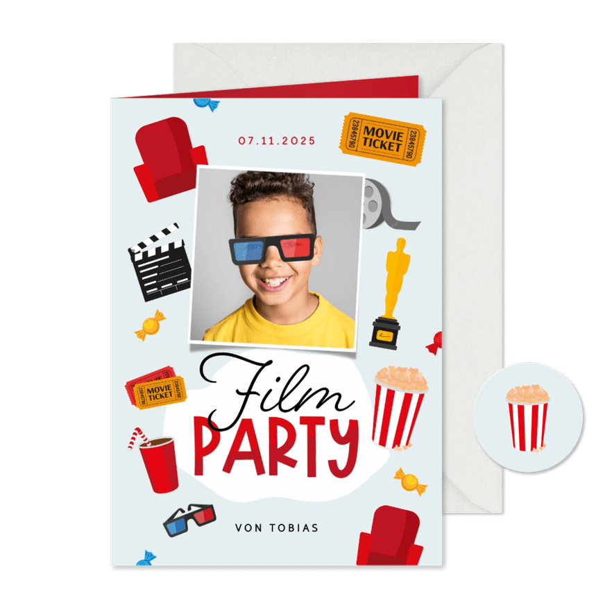 Einladungskarte Kindergeburtstag Kino mit Foto - Karteneindruck