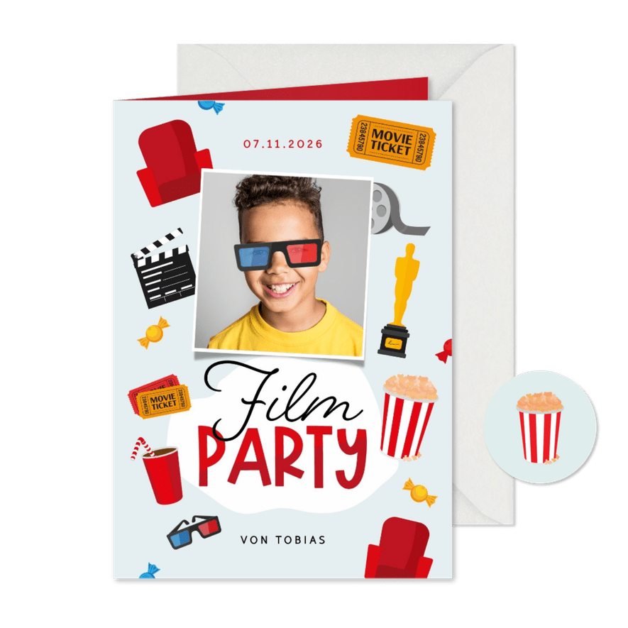 Einladungskarte Kindergeburtstag Kino mit Foto - Karteneindruck