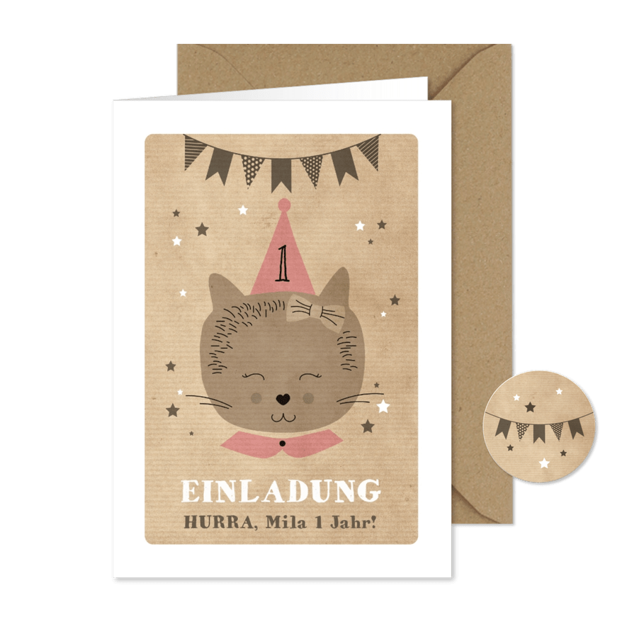 Einladungskarte Kindergeburtstag Partykatze und Sterne - Karteneindruck