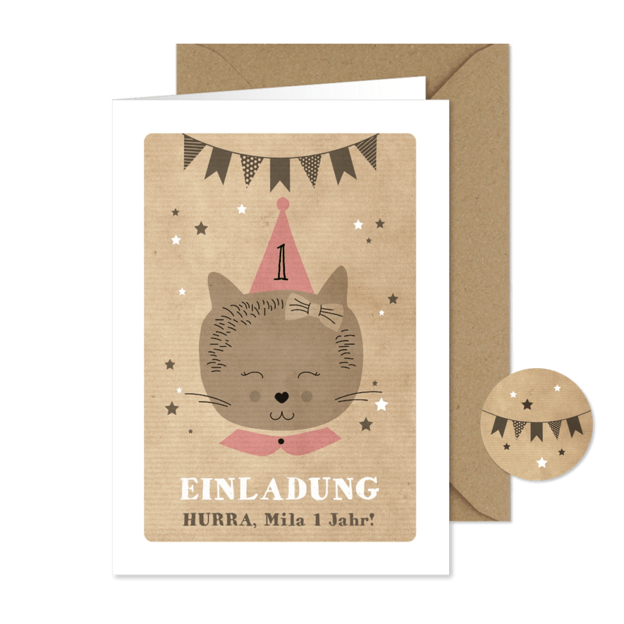 Einladungskarte Kindergeburtstag Partykatze und Sterne - Karteneindruck