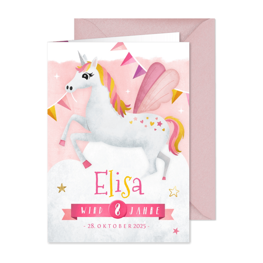 Einladungskarte Kindergeburtstag rosa Einhorn und Girlanden - Karteneindruck
