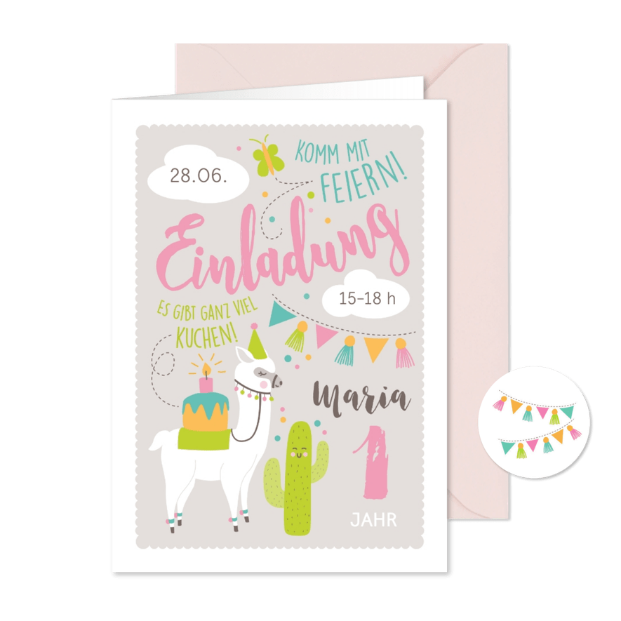 Einladungskarte Kindergeburtstag rosa lustiges Lama 1 Jahr - Karteneindruck