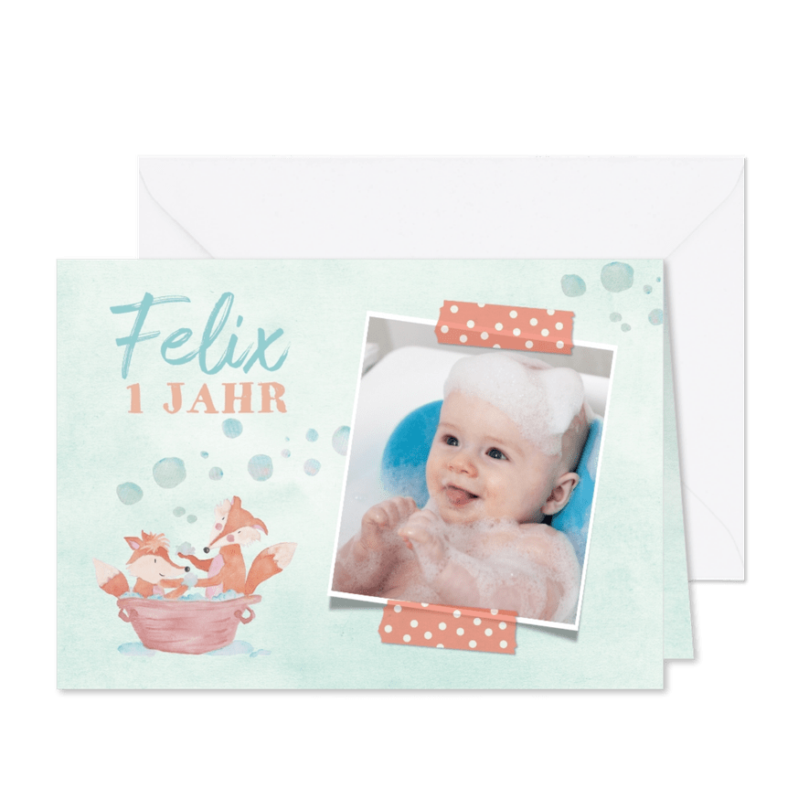 Einladungskarte Kindergeburtstag Schaumbad mit Füchsen - Karteneindruck

