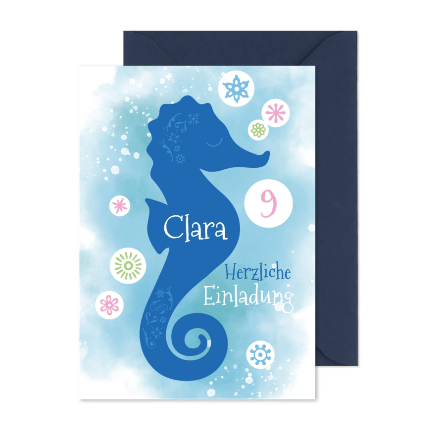 Einladungskarte Kindergeburtstag Schwimmen Seepferdchen - Karteneindruck
