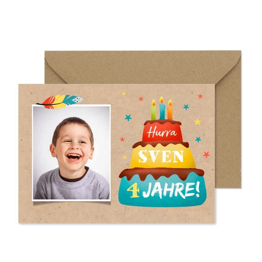 Einladungskarte Kindergeburtstag Torte und Foto 4 Jahre - Kartenvorschau
