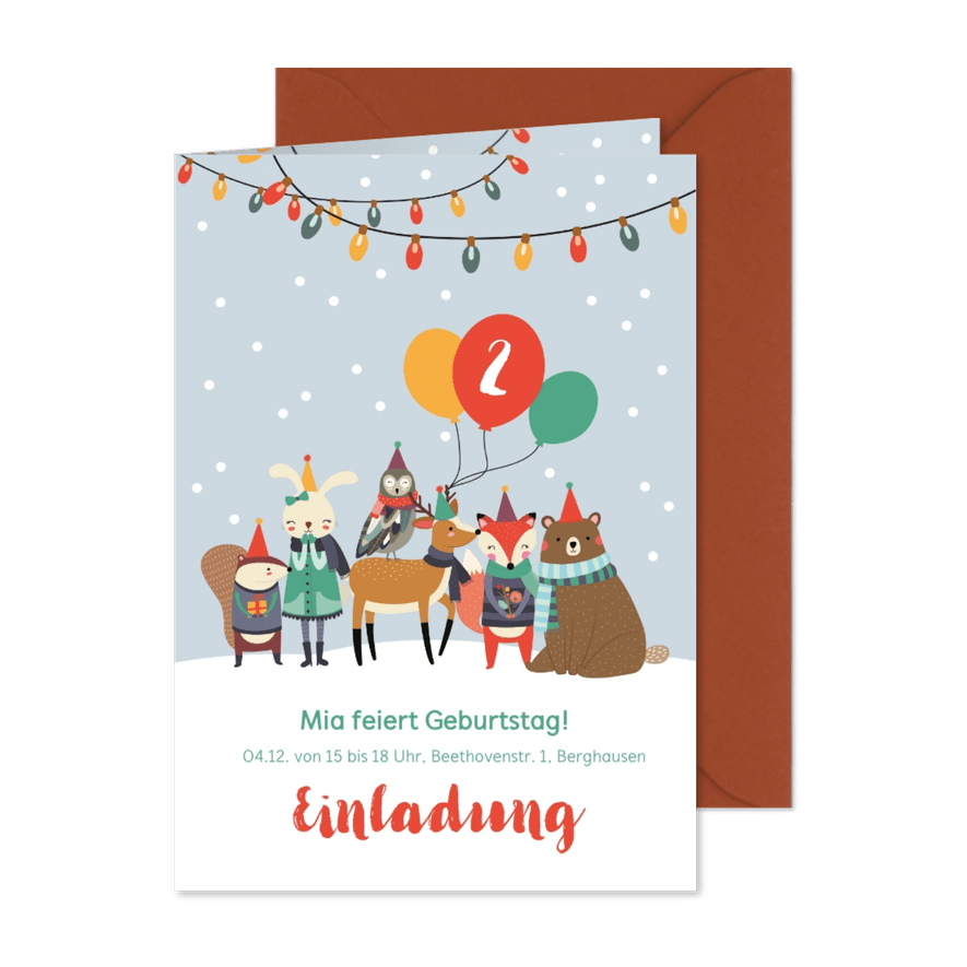 Einladungskarte Kindergeburtstag Wintertiere mit Luftballons - Karteneindruck
