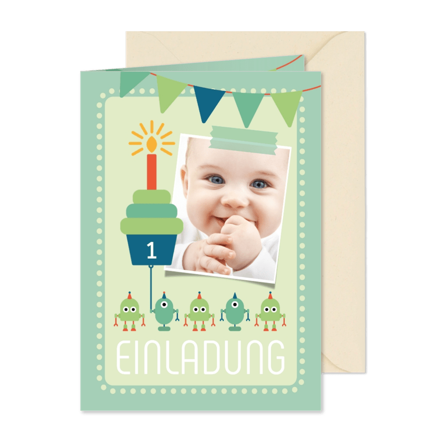 Einladungskarte Kleine Roboter 1. Kindergeburtstag - Karteneindruck
