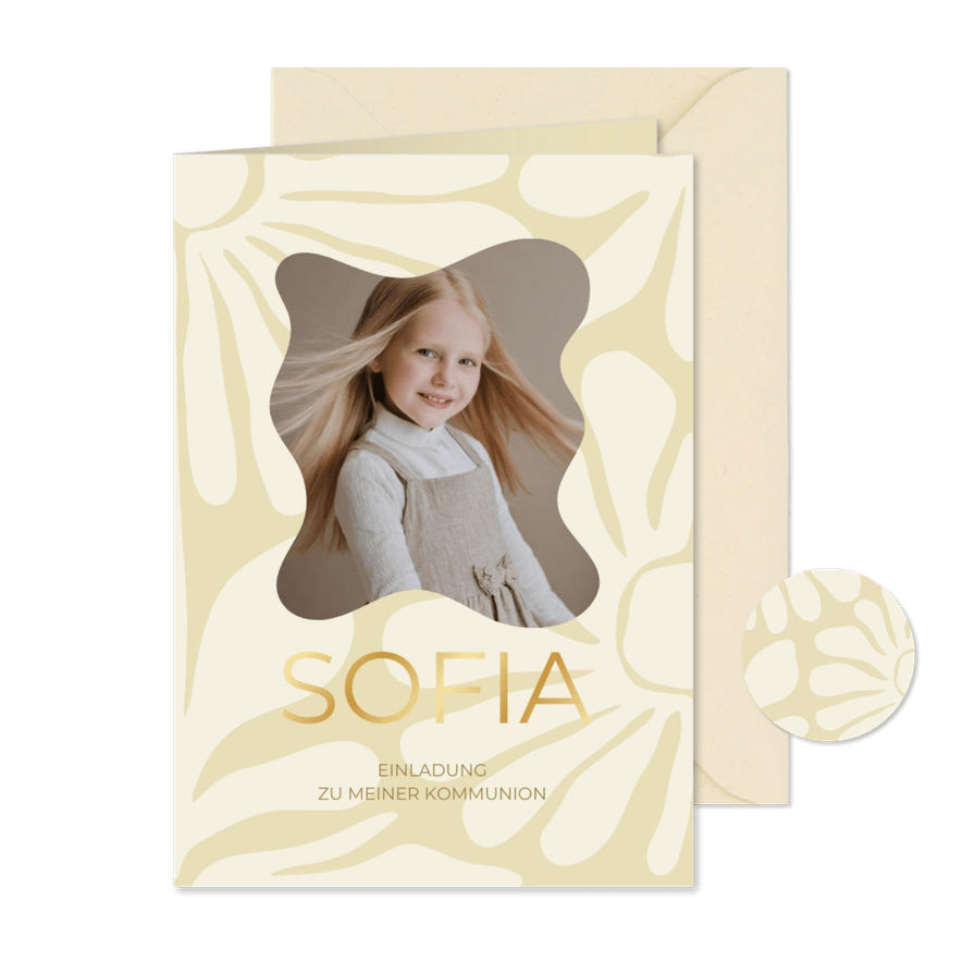 Einladungskarte Kommunion abstrakte Blumen und Foto - Karteneindruck
