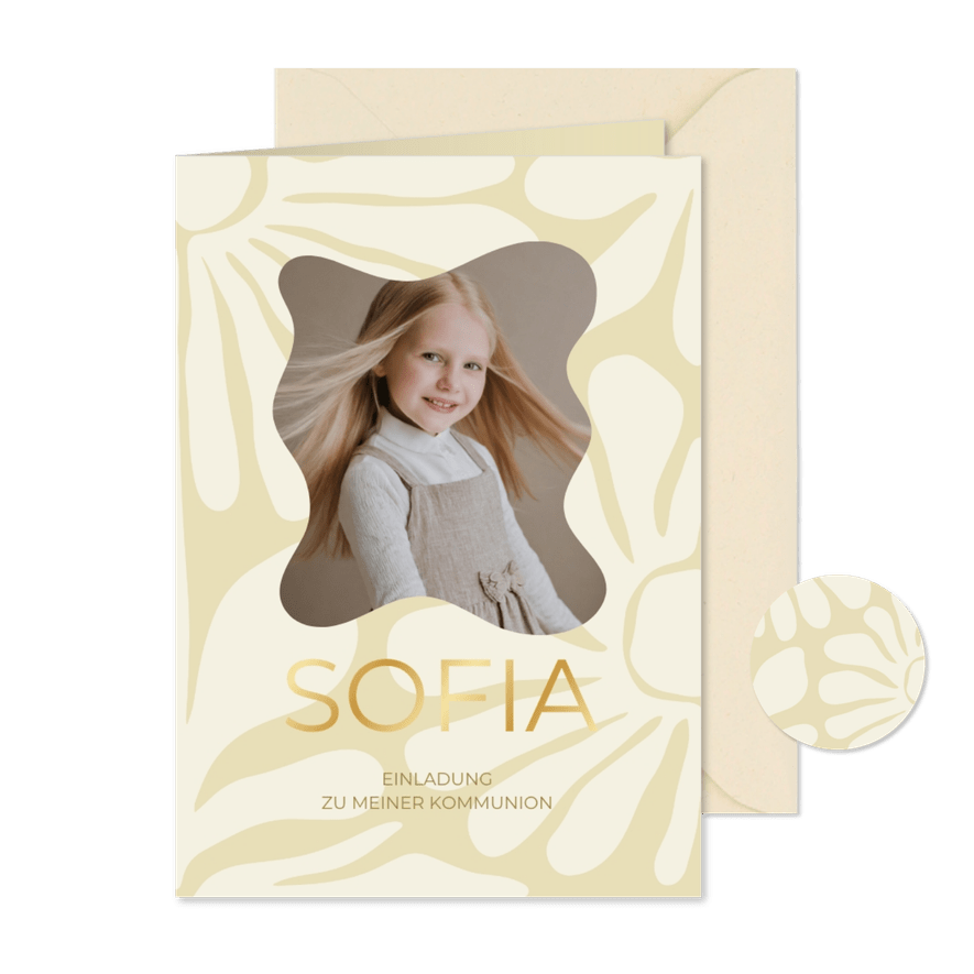 Einladungskarte Kommunion abstrakte Blumen und Foto - Karteneindruck