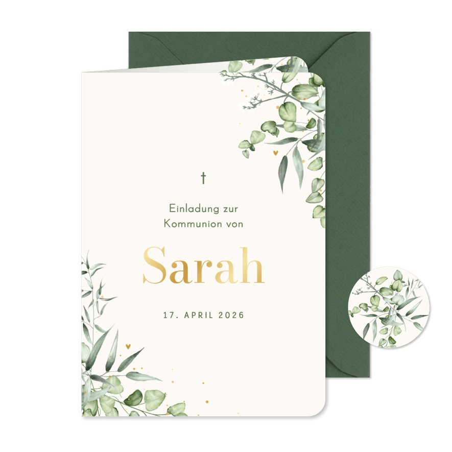 Einladungskarte Kommunion botanisch Zweige hellbeige - Karteneindruck