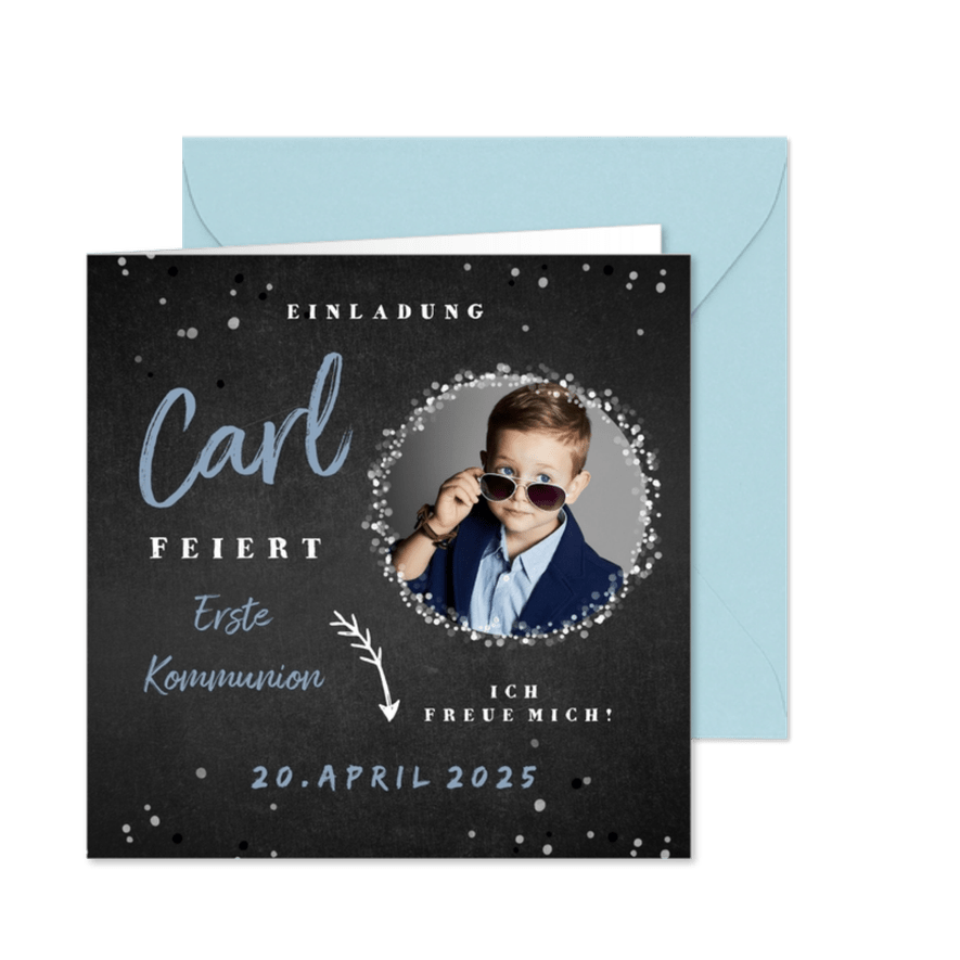 Einladungskarte Kommunion Foto auf Kreidetafel - Karteneindruck