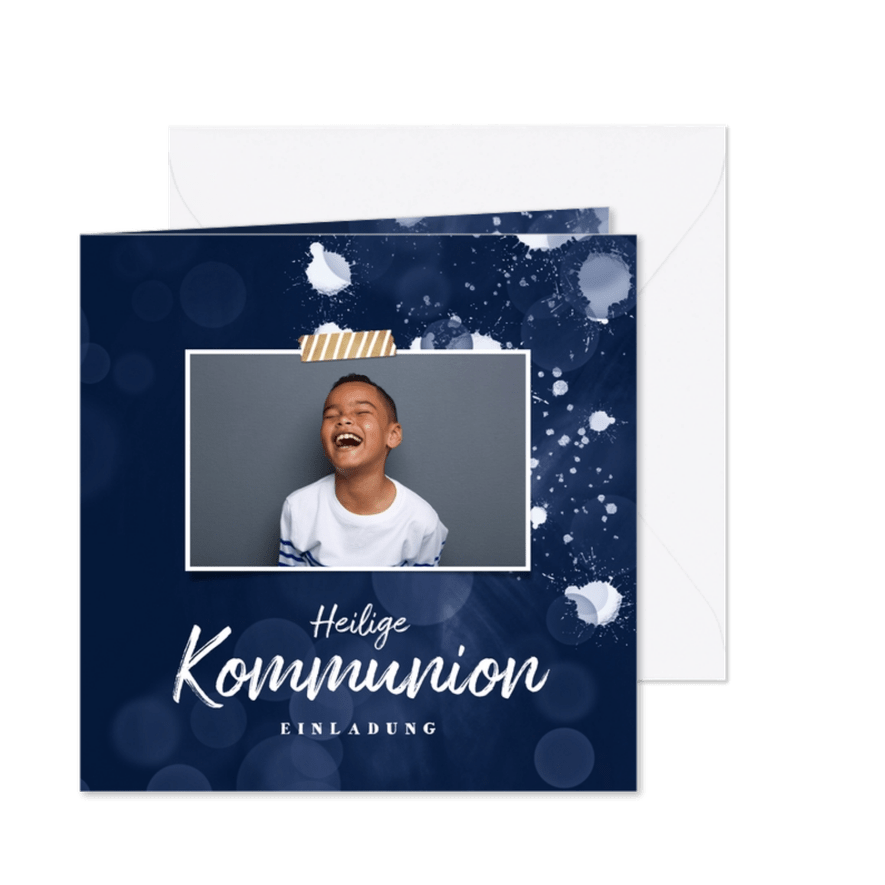 Einladungskarte Kommunion Foto und Farbspritzer - Karteneindruck