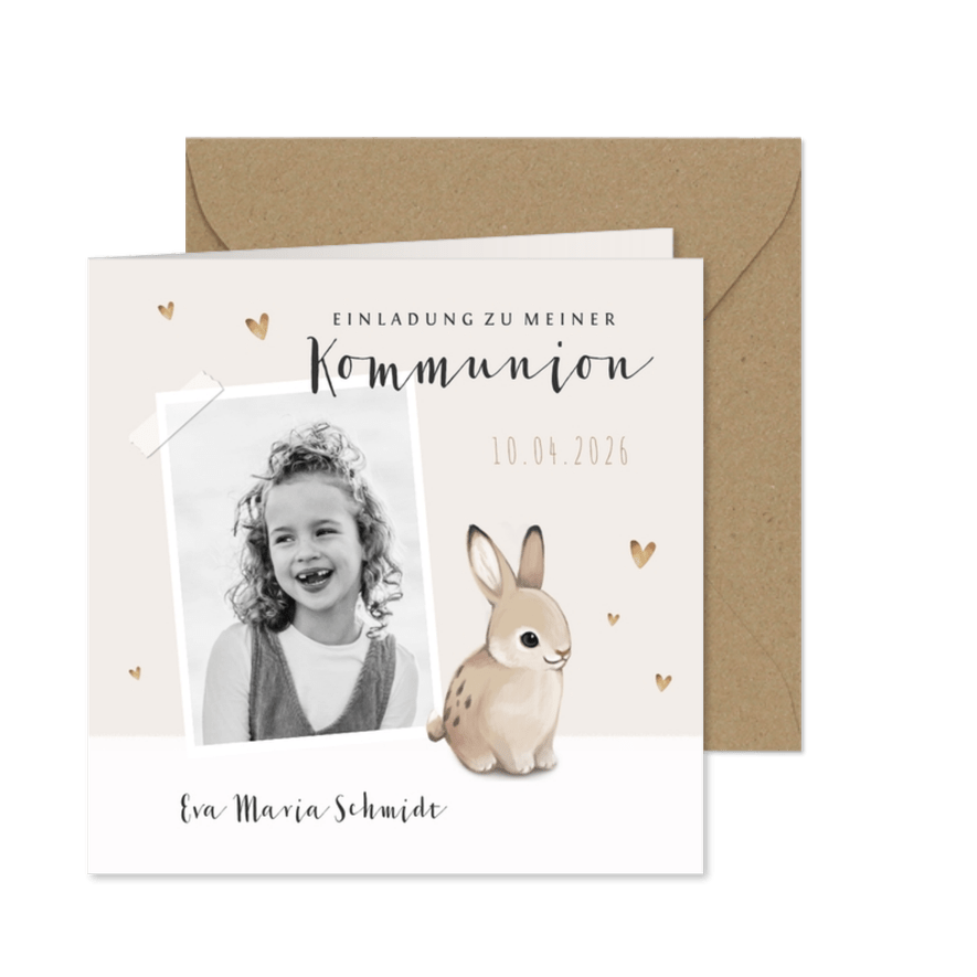 Einladungskarte Kommunion Foto und Kaninchen - Kartenvorschau