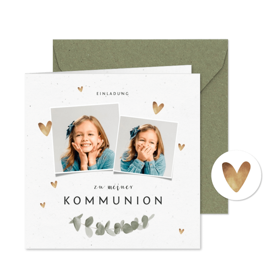 Einladungskarte Kommunion Fotos & Herzchen - Karteneindruck