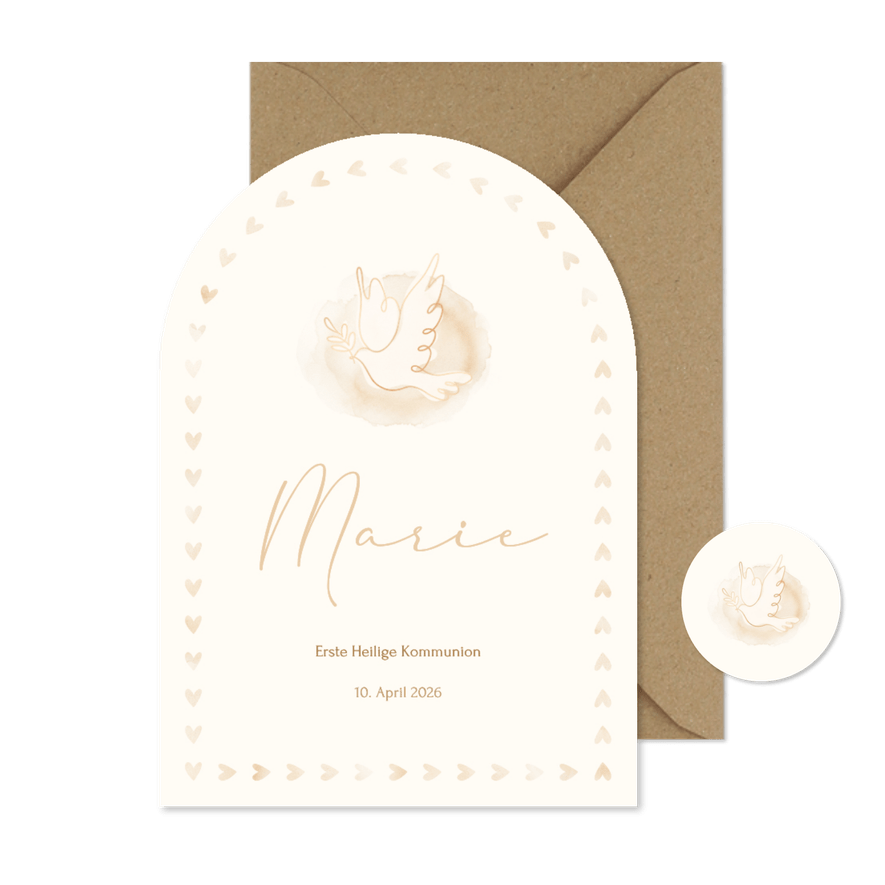 Einladungskarte Kommunion Herzchen-Rand Taube Bogenkarte - Karteneindruck
