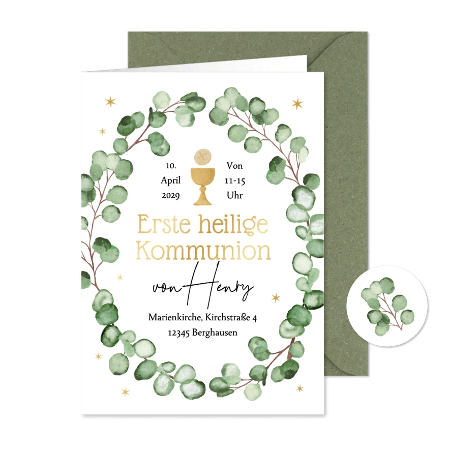 Einladungskarte Kommunion Kranz aus Eukalyptus - Karteneindruck
