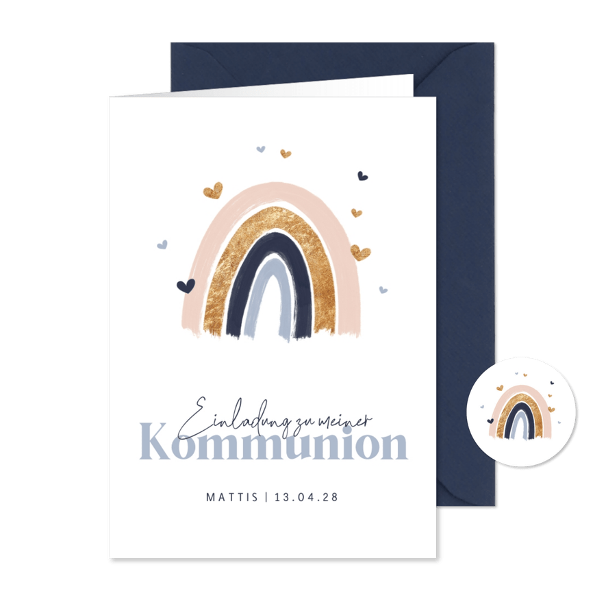 Einladungskarte Kommunion Regenbogen blau - Karteneindruck