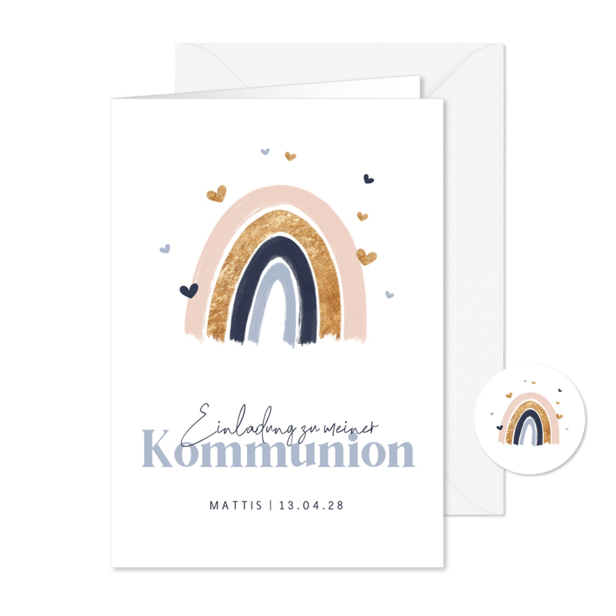 Einladungskarte Kommunion Regenbogen blau - Karteneindruck