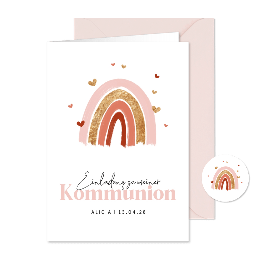 Einladungskarte Kommunion Regenbogen rosa - Kartenvorschau