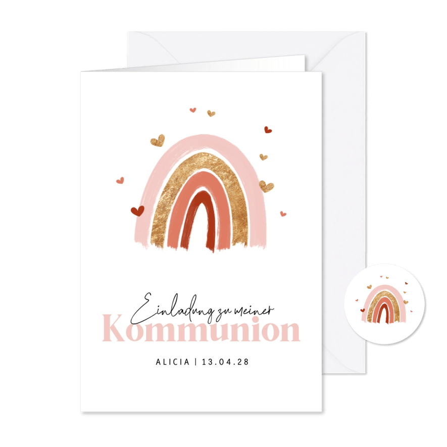 Einladungskarte Kommunion Regenbogen rosa - Karteneindruck